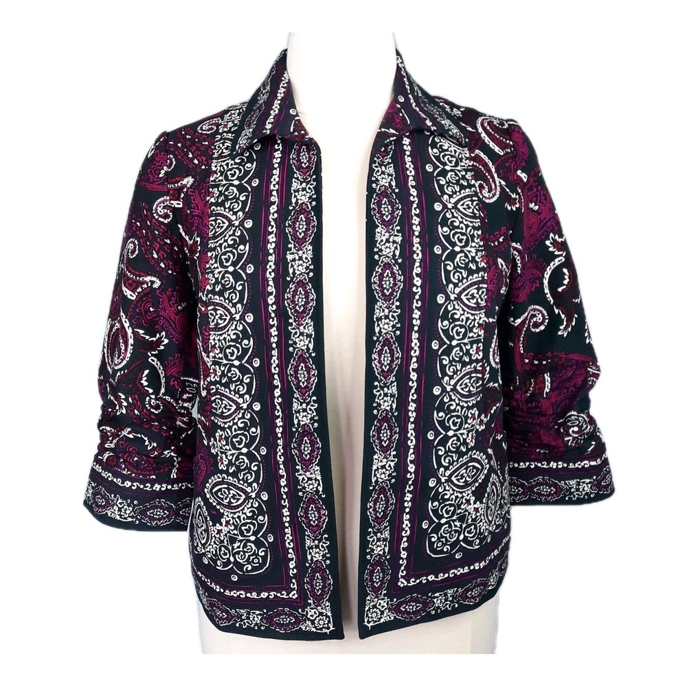 Coldwater Creek Paisley Jacket Womens 16 Blue‎ Pink Open Front Artsy Boho Career